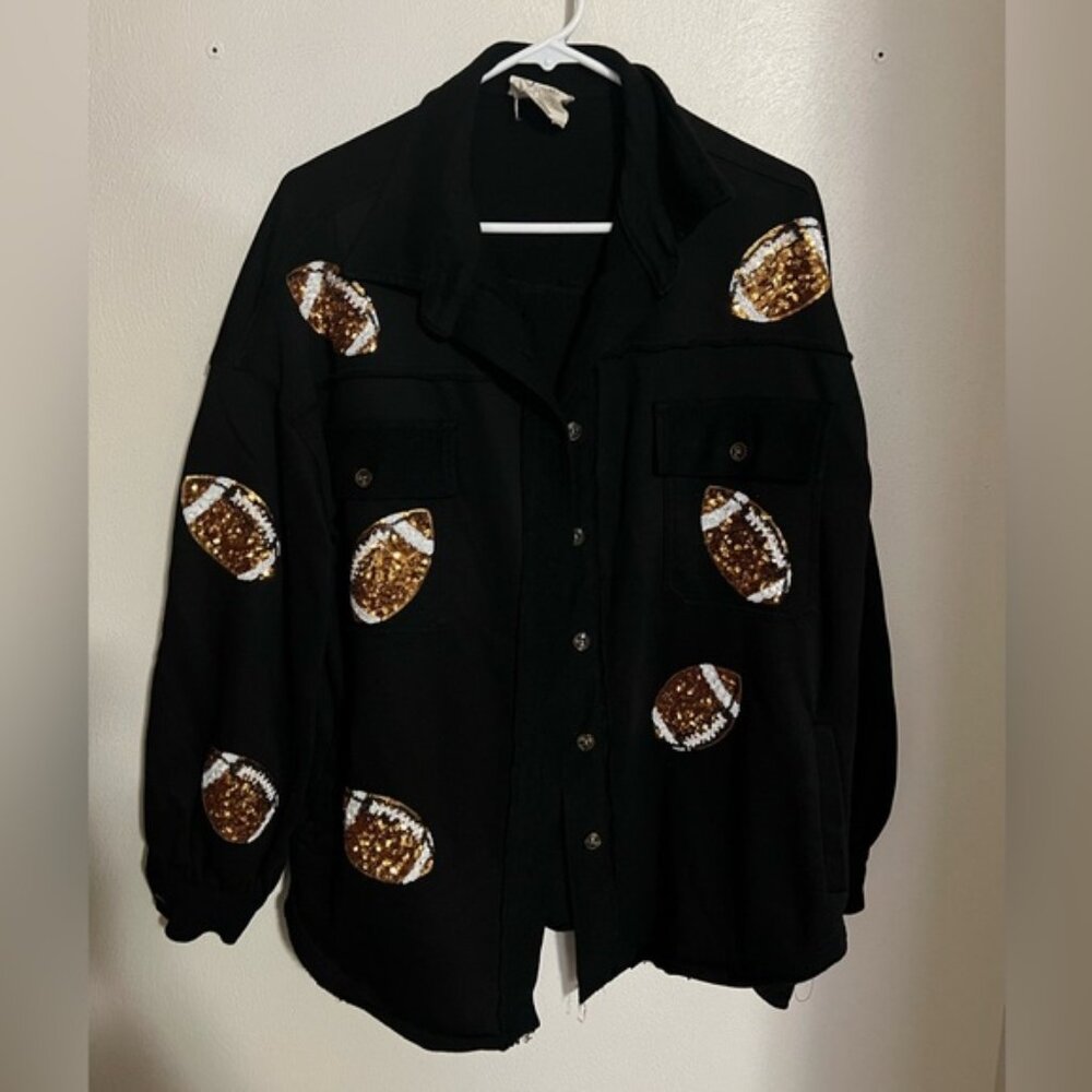 FANTASTIC FAWN Oversized Sequined Football Applique Shacket Black Women's Size M